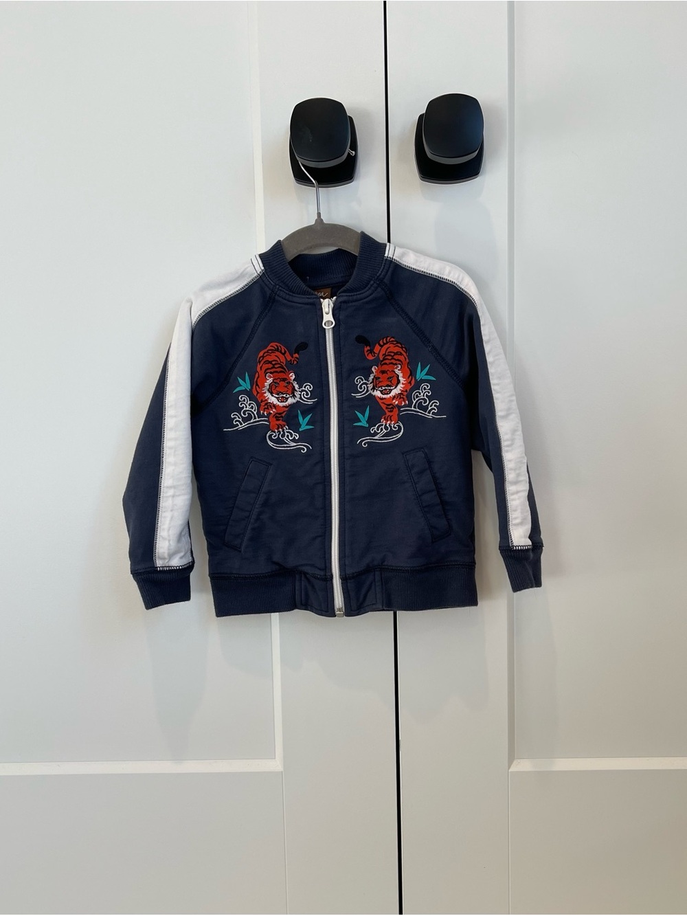 Tea Collection Navy Kids Embroidered Tiger Bomber Jacket with White Stripes
